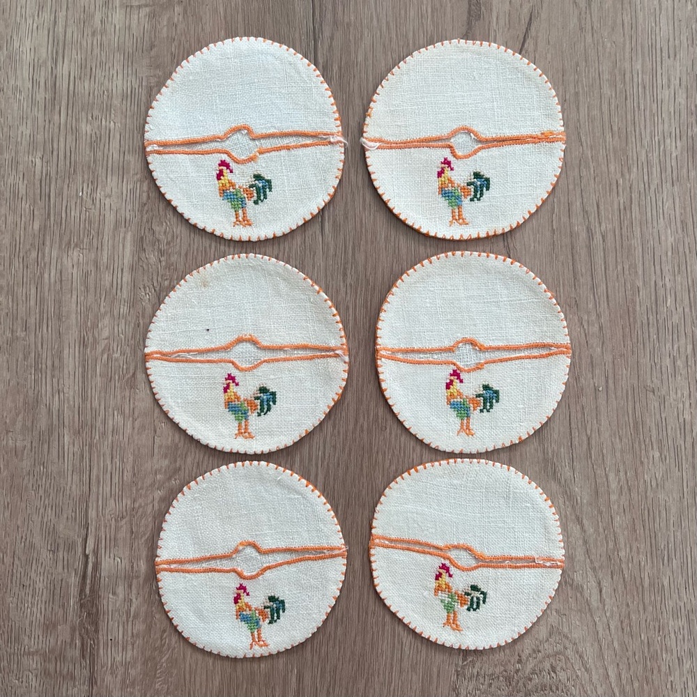 Cute Vintage 6 PCs Linen Wine Glass Slippers Coasters Embroioered Rooster 3”